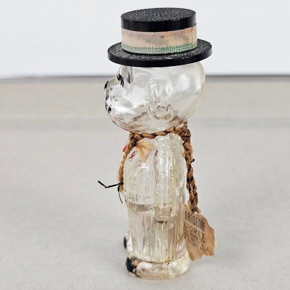 VTG glass Liore perfume bottle of dog in boater hat paper tag - Picture 2 of 7
